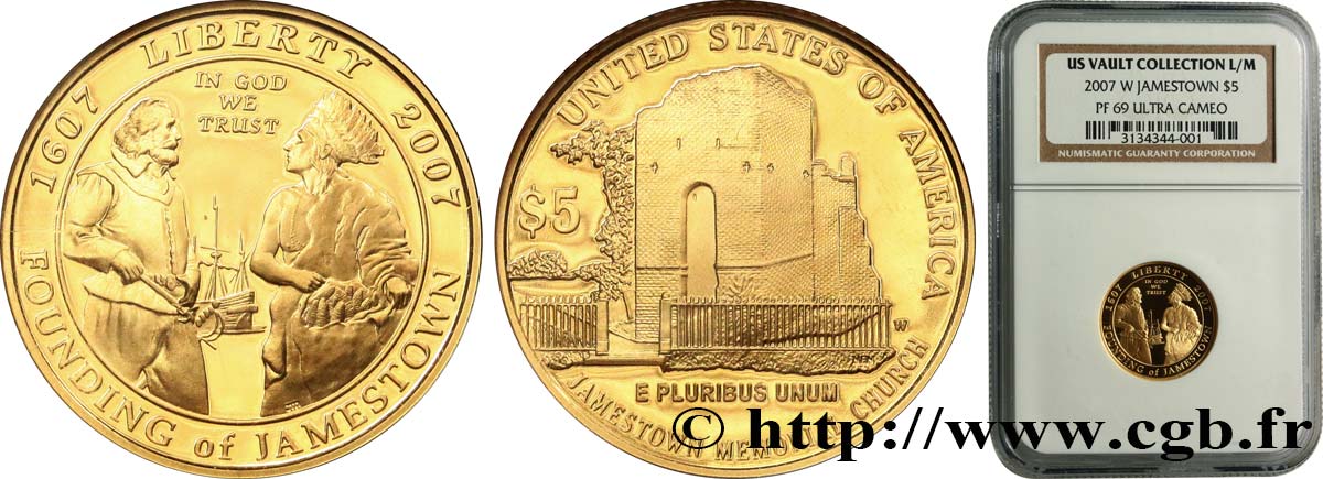 VEREINIGTE STAATEN VON AMERIKA 5 Dollars Proof 400e anniversaire de Jamestown 2007 West Point ST69 NGC