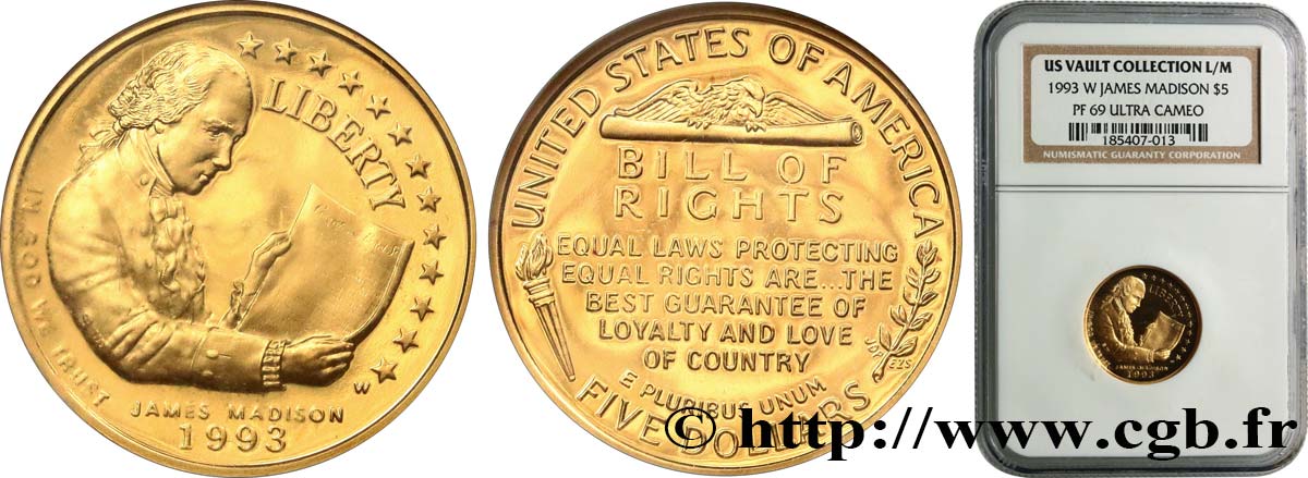 ÉTATS-UNIS D AMÉRIQUE 5 Dollars Proof James Madison - Bill of Rights 1993 West Point FDC69 NGC
