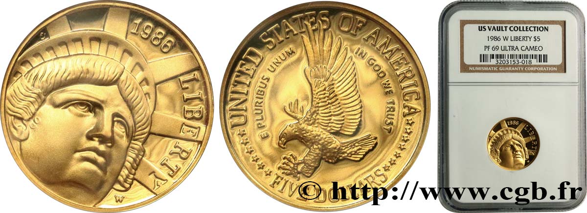 ÉTATS-UNIS D AMÉRIQUE 5 Dollars Proof Centenaire de la statue de la Liberté 1986 West Point FDC69 NGC