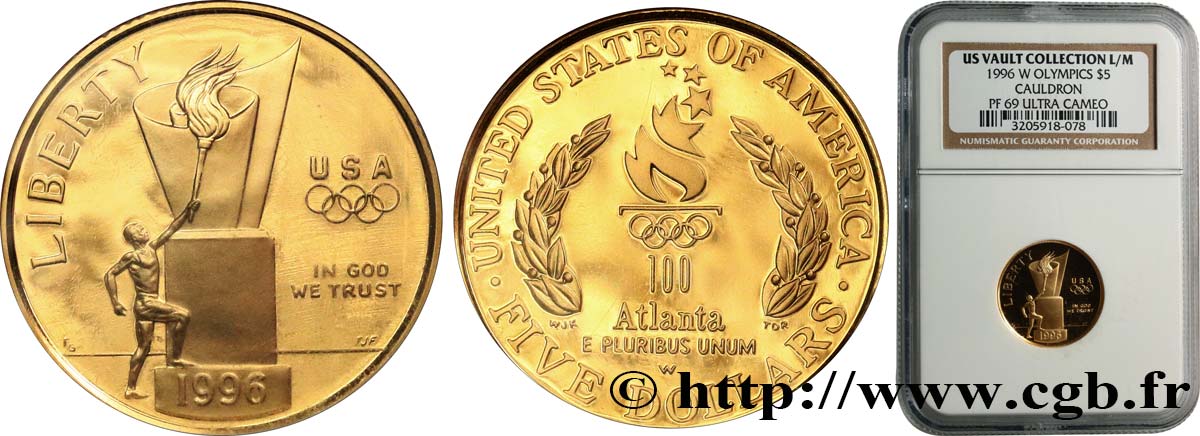 ÉTATS-UNIS D AMÉRIQUE 5 Dollars Proof chaudron olympique 1996 West Point FDC69 NGC