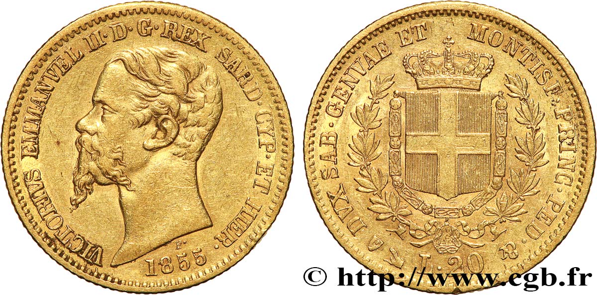ITALIEN - KÖNIGREICH SARDINIEN 20 Lire Victor-Emmanuel II 1855 Gênes fVZ 