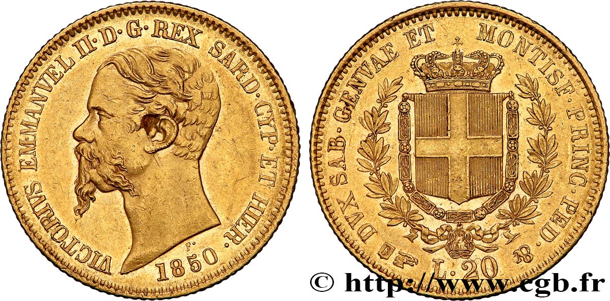 ITALY - KINGDOM OF SARDINIA 20 Lire Victor-Emmanuel II 1850 Turin AU/AU 