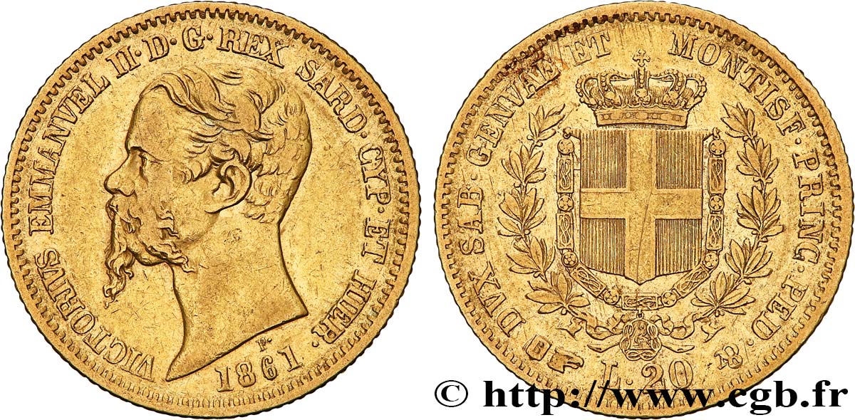 ITALY - KINGDOM OF SARDINIA 20 Lire Victor-Emmanuel II 1861 Turin XF 