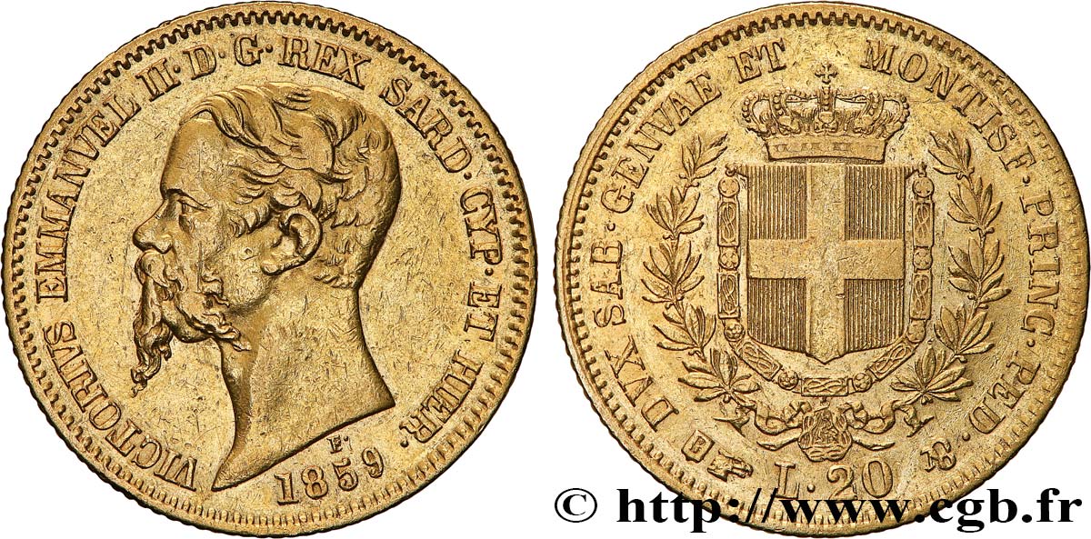 ITALY - KINGDOM OF SARDINIA 20 Lire Victor-Emmanuel II 1859 Turin AU 