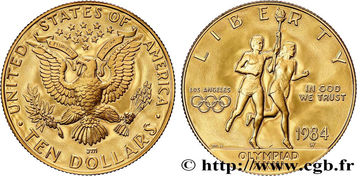 ESTADOS UNIDOS DE AMÉRICA 10 Dollars Proof Jeux Olympiques de Los Angeles 1984 West Point FDC 