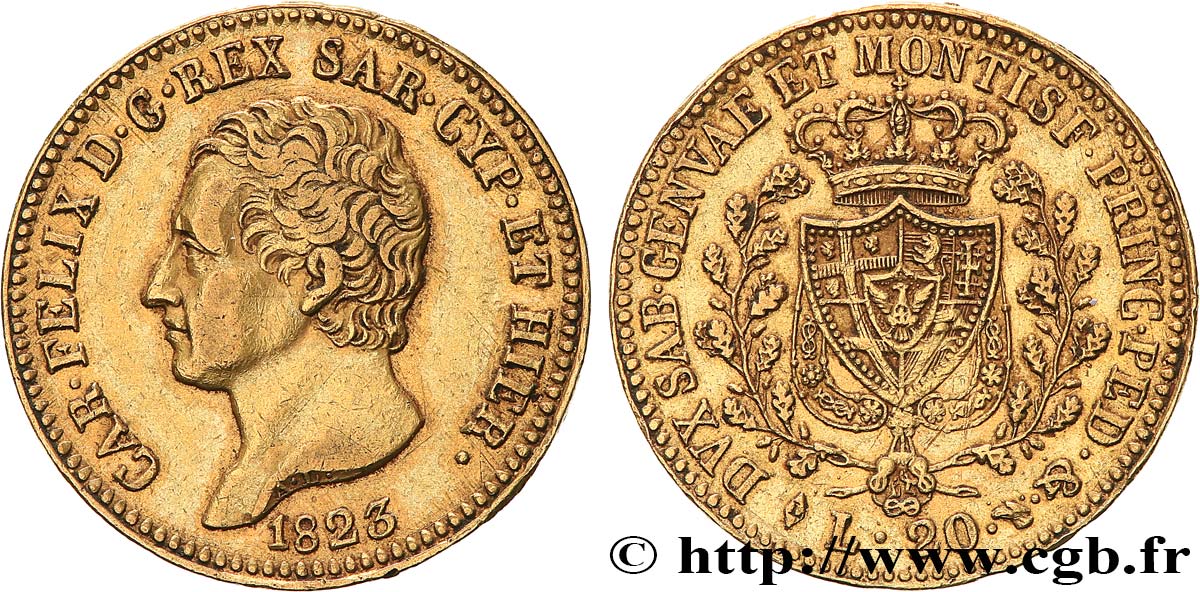ITALY - KINGDOM OF SARDINIA 20 Lire Charles-Félix 1823 Turin XF 