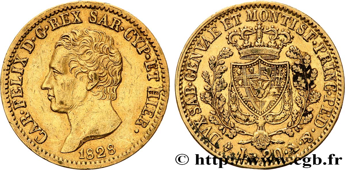 ITALY - KINGDOM OF SARDINIA 20 Lire Charles-Félix 1828 Turin XF 