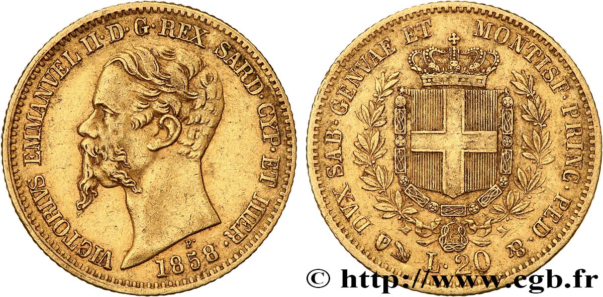 ITALY - KINGDOM OF SARDINIA - VICTOR-EMMANUEL II 20 Lire  1858 Gênes XF 