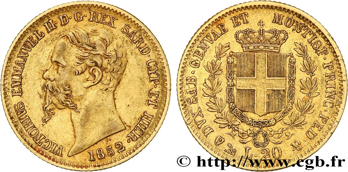 ITALIE - ROYAUME DE SARDAIGNE 20 Lire Victor Emmanuel II 1852 Gênes TTB 