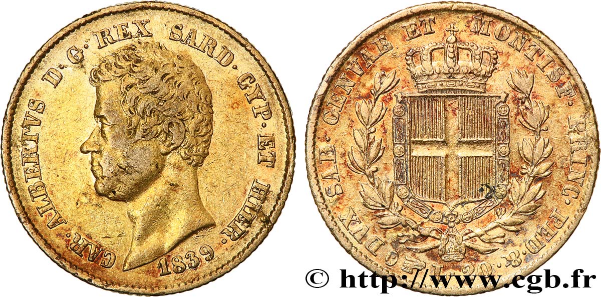 ITALY - KINGDOM OF SARDINIA 20 Lire Charles-Albert 1839 Turin VF 