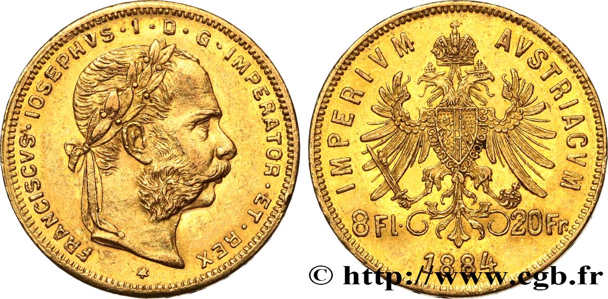 AUTRICHE 8 florins ou 20 francs François-Joseph Ier 1884 Vienne TTB+/SUP 