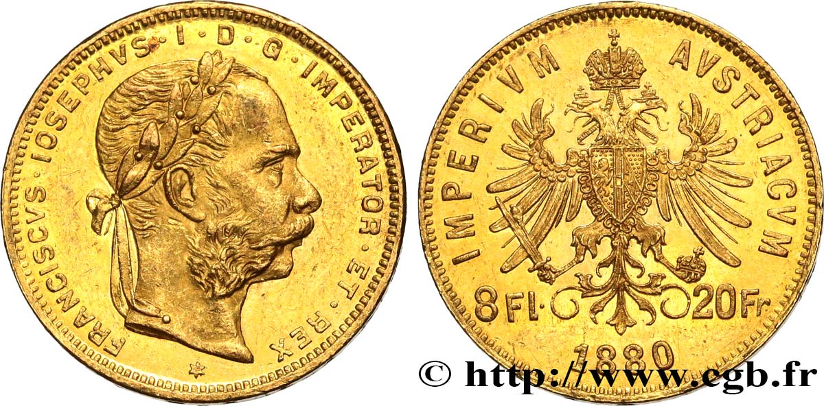AUTRICHE 8 Florins ou 20 Francs or François-Joseph Ier 1880 Vienne SUP 