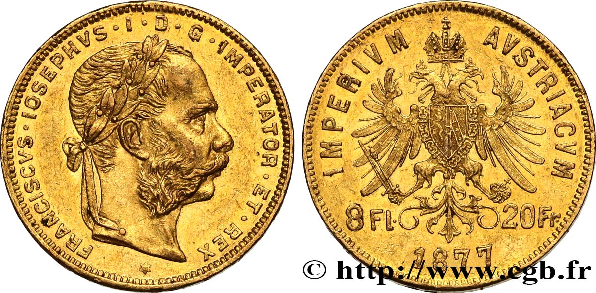 ÖSTERREICH 8 Florins ou 20 Francs or François-Joseph Ier 1877 Vienne VZ 