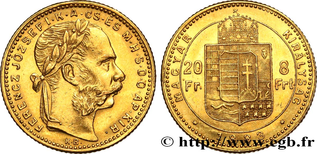 HUNGARY 20 Francs or ou 8 Forint François-Joseph Ier 1883 Kremnitz AU 
