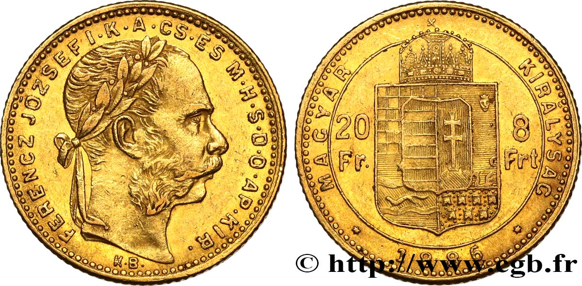 HUNGRÍA - REINO DE HUNGRÍA - FRANCISCO JOSÉ I 20 Francs or ou 8 Forint, 2e type 1886 Kremnitz MBC+ 