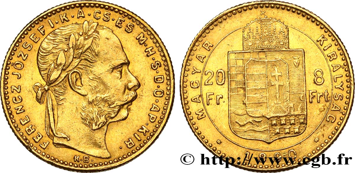 HUNGARY 20 Francs or ou 8 Forint François-Joseph Ier 1890 Kremnitz AU 