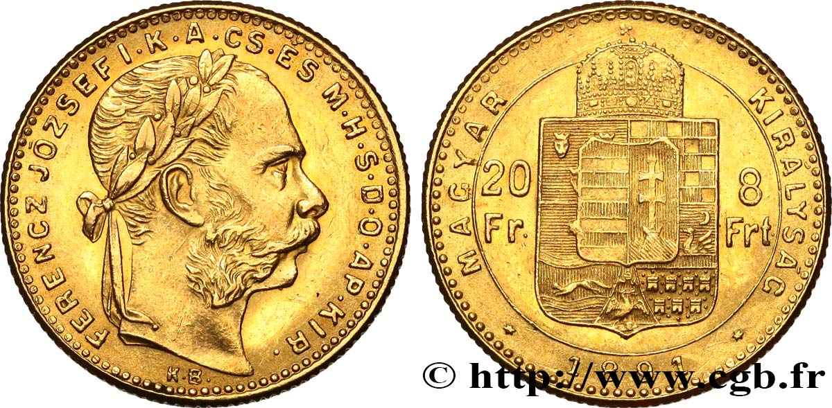 HUNGRíA 20 Francs or ou 8 Forint François-Joseph Ier 1891 Kremnitz SC 