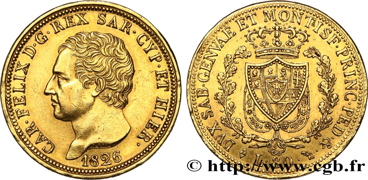 ITALIE - ROYAUME DE SARDAIGNE - CHARLES-FÉLIX 80 Lire 1826 Turin TTB+/SUP 