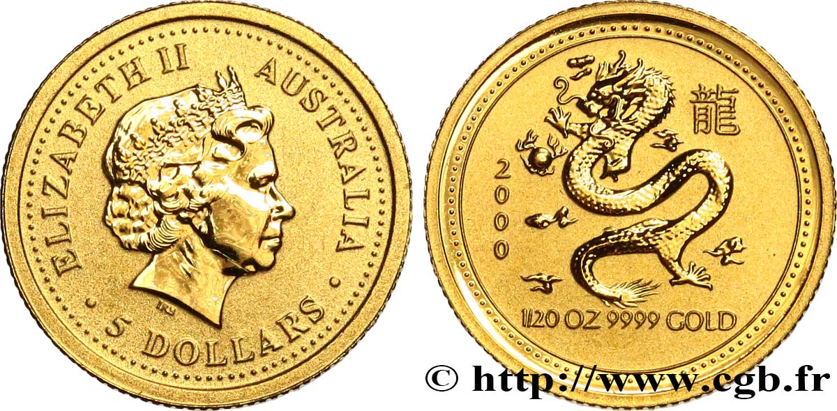 AUSTRALIA 5 Dollars Proof (1/20 Once) Année du Dragon 2000 Perth MS 