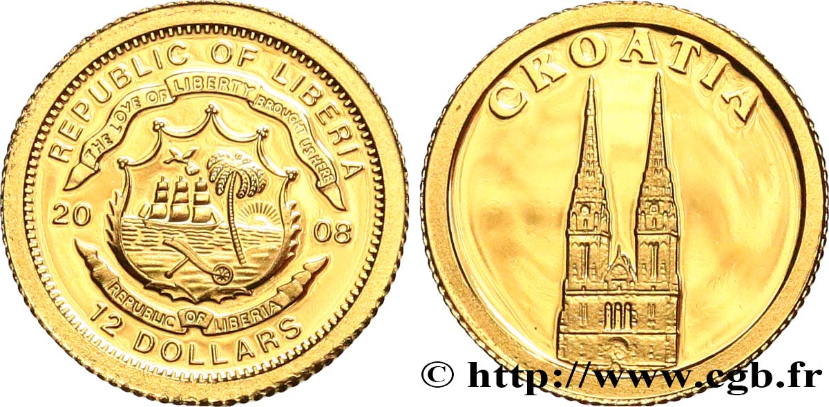 LIBERIA 12 Dollars Proof Croatie 2008  fST 