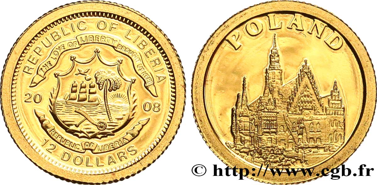LIBERIA 12 Dollars Proof Pologne 2008  MS 