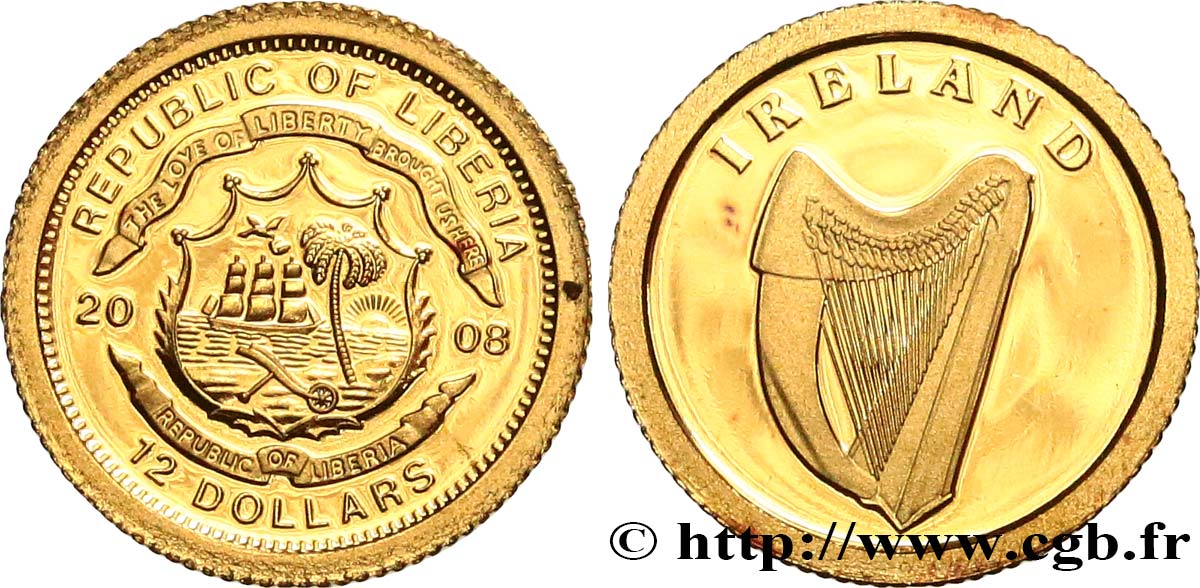 LIBERIA 12 Dollars Proof Irlande 2008  SPL 