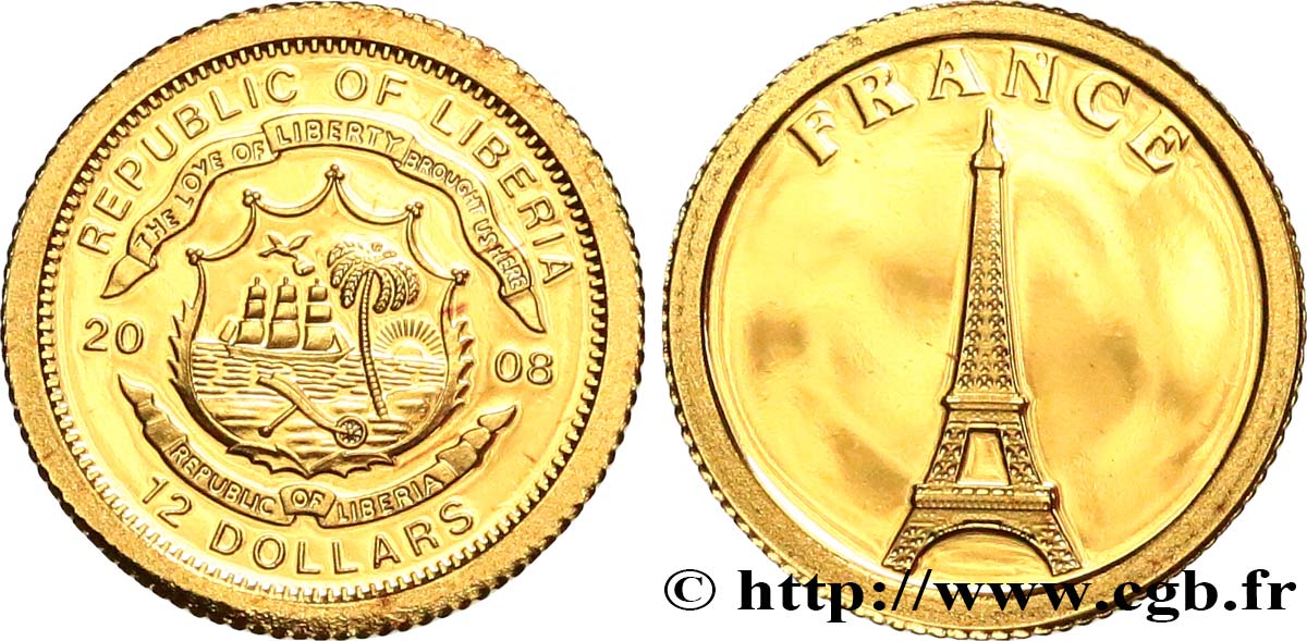 LIBERIA 12 Dollars Proof France 2008  fST 