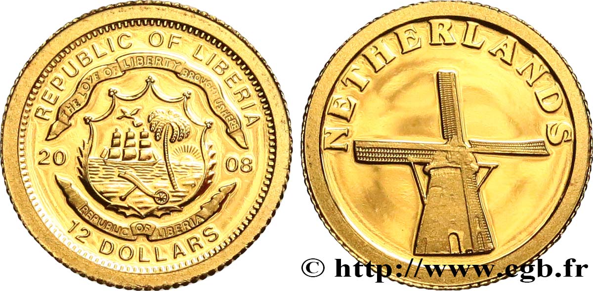 LIBERIA 12 Dollars Proof Pays-Bas 2008  SPL 