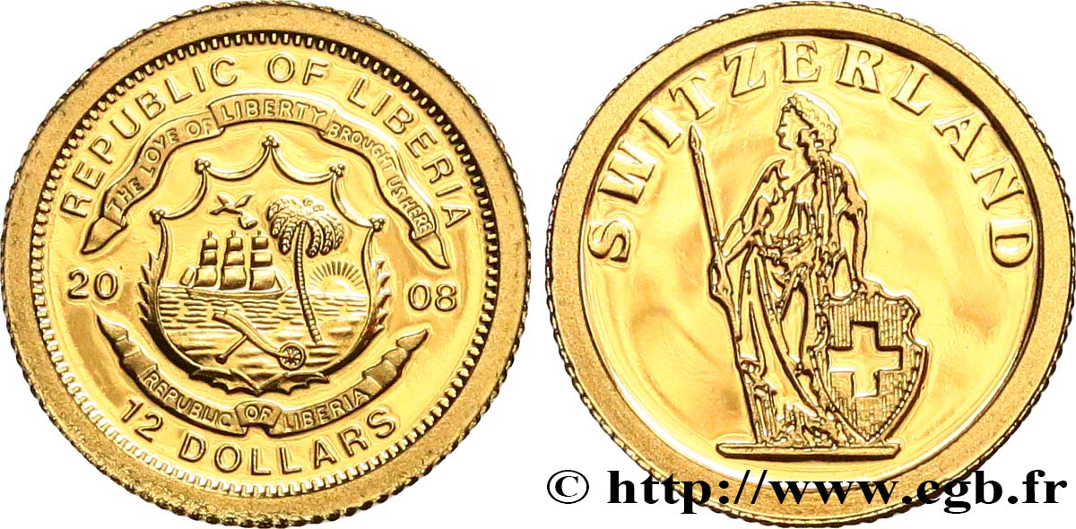 LIBERIA 12 Dollars Proof Suisse 2008  fST 