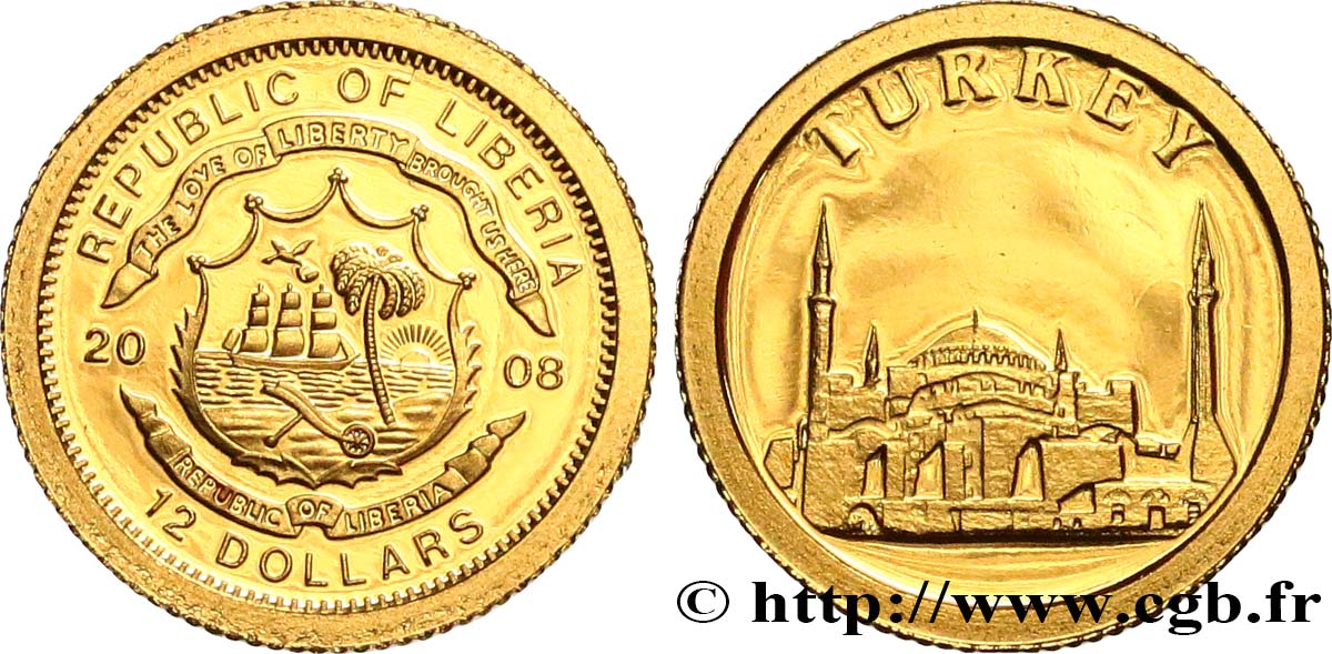 LIBERIA 12 Dollars Proof Turquie 2008  fST 