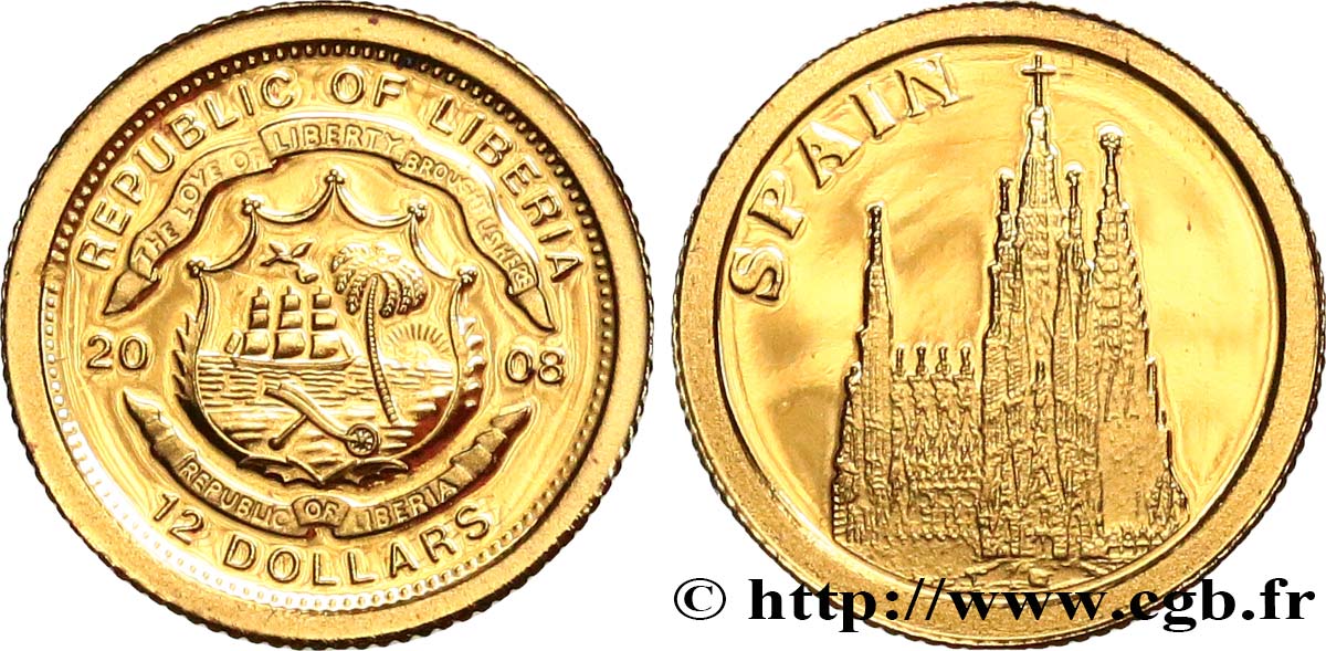 LIBERIA 12 Dollars Proof Espagne 2008  fST 