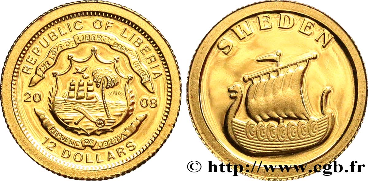 LIBERIA 12 Dollars Proof Suède 2008  fST 