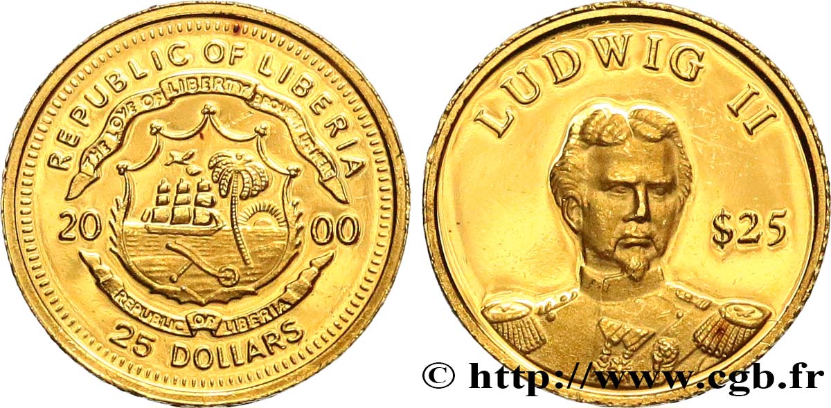 LIBERIA 25 Dollars Proof Louis II de Bavière 2000  fST 
