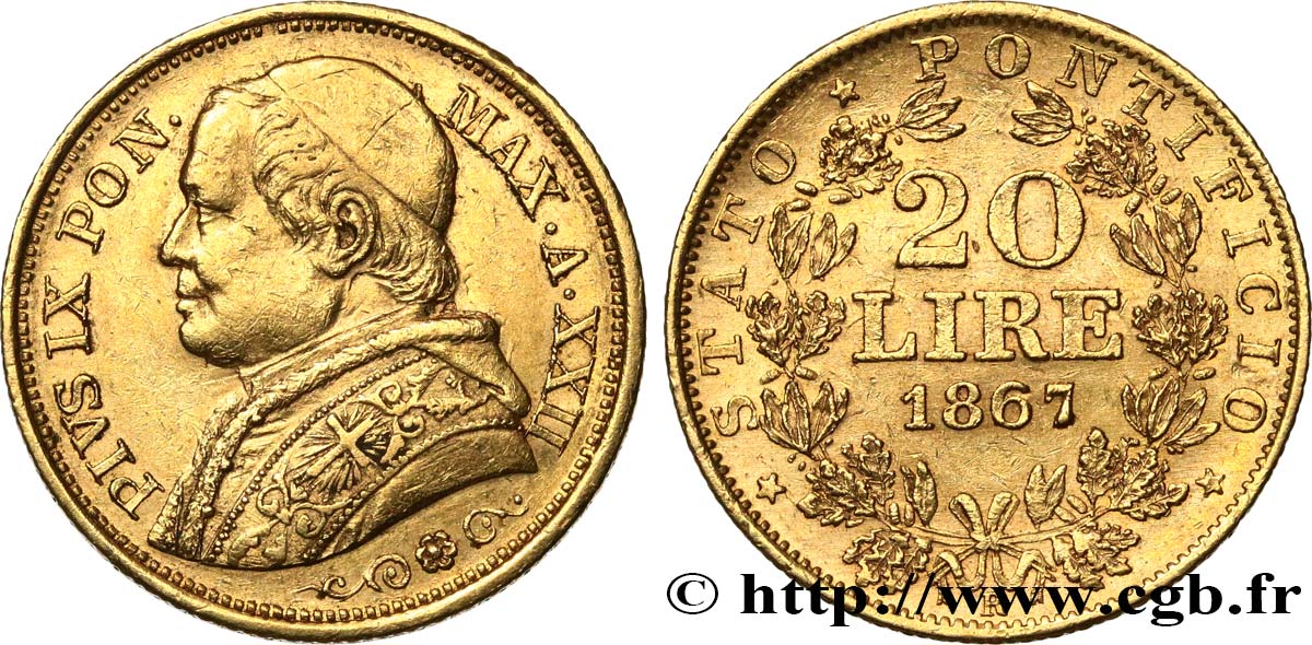 VATICAN AND PAPAL STATES 20 Lire Pie IX An XXII 1867 Rome XF/AU 