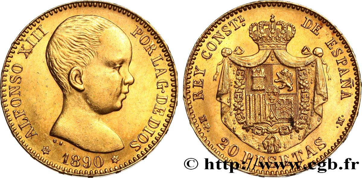 SPAIN 20 Pesetas Alphonse XIII 1890 Madrid MS 