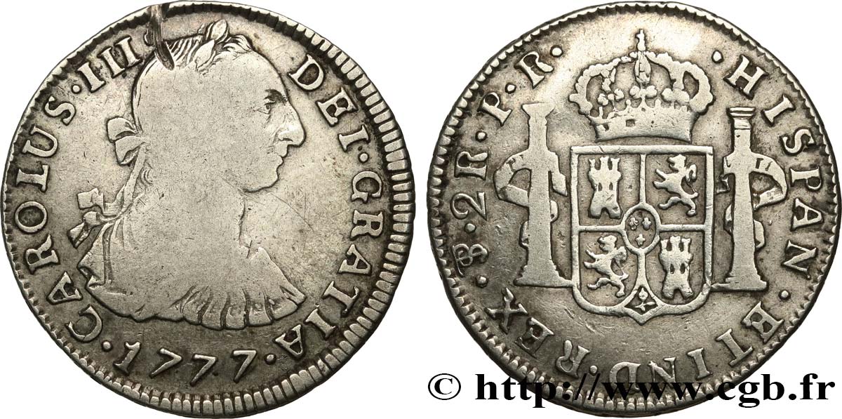 BOLIVIA 2 Reales Charles III 1777 Potosi BC+ 