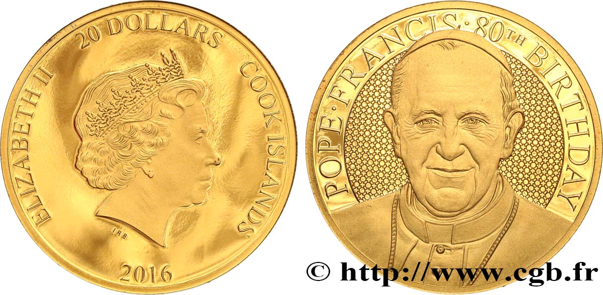 COOK INSELN 20 Dollar Proof anniversaire du pape François  2016  ST 