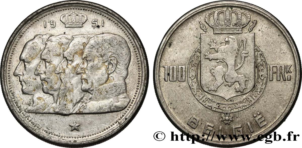 BELGIQUE 100 Franken (Francs) Quatre rois de Belgique, légende flamande 1951  TTB 