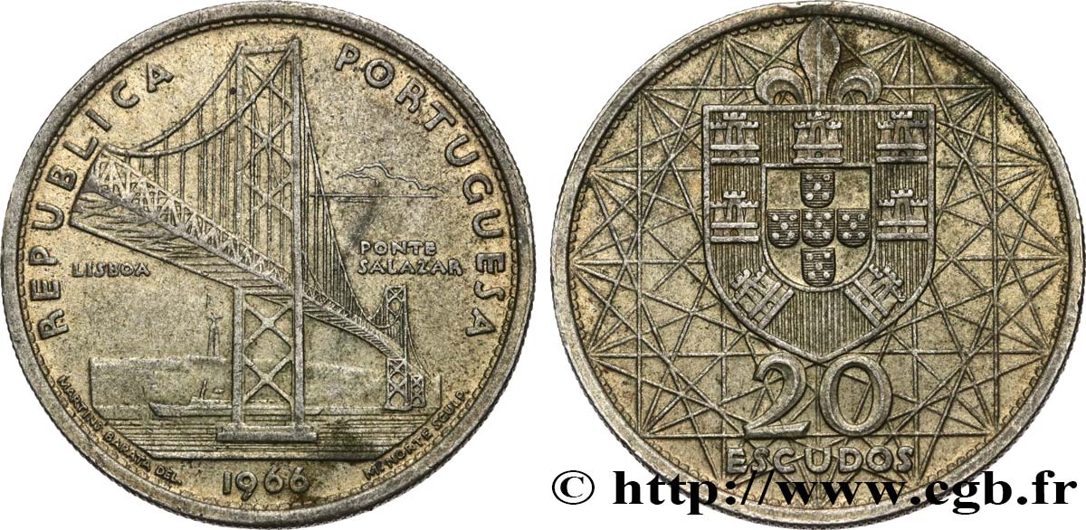 PORTUGAL 20 Escudos Pont Salazar de Lisbonne 1966  TTB 