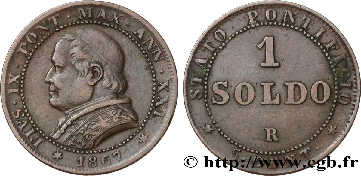 VATICAN ET ÉTATS PONTIFICAUX 1 Soldo an XXI buste large 1867 Rome TB+ 
