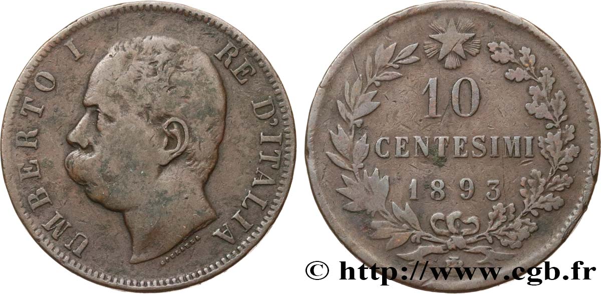 ITALIE 10 Centesimi Humbert Ier 1893 Birmingham B+ 