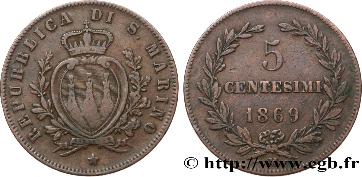 SAINT-MARIN 5 Centesimi écu aux trois tours 1869 Milan TB+ 