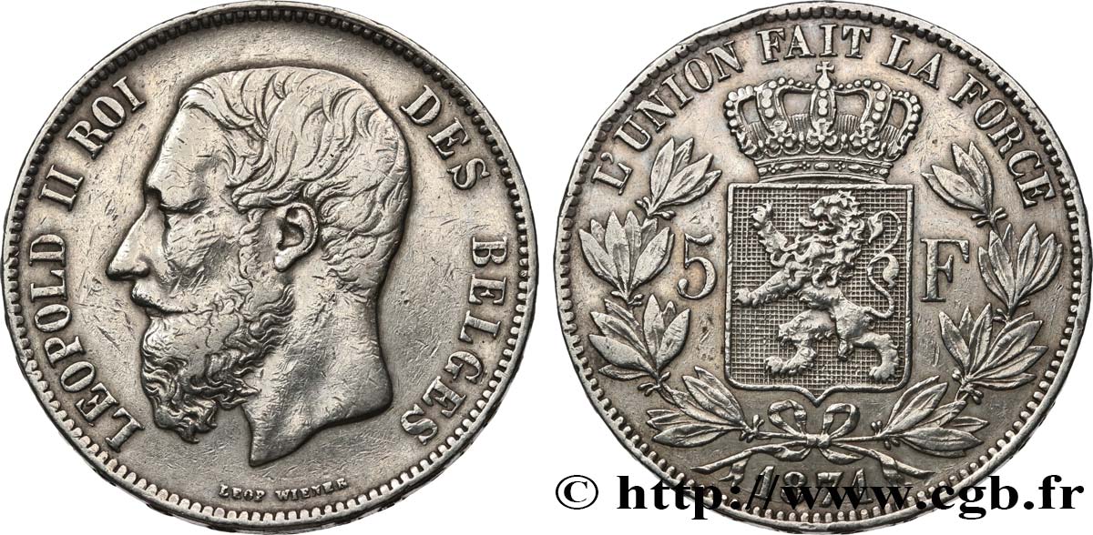 BELGIQUE 5 Francs Léopold II 1871  TB+ 