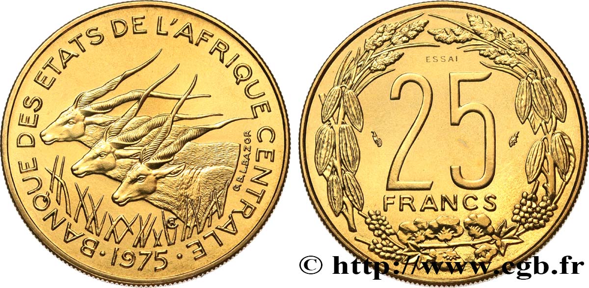 ÉTATS DE L AFRIQUE CENTRALE Essai de 25 Francs grandes antilopes 1975 Paris SPL 