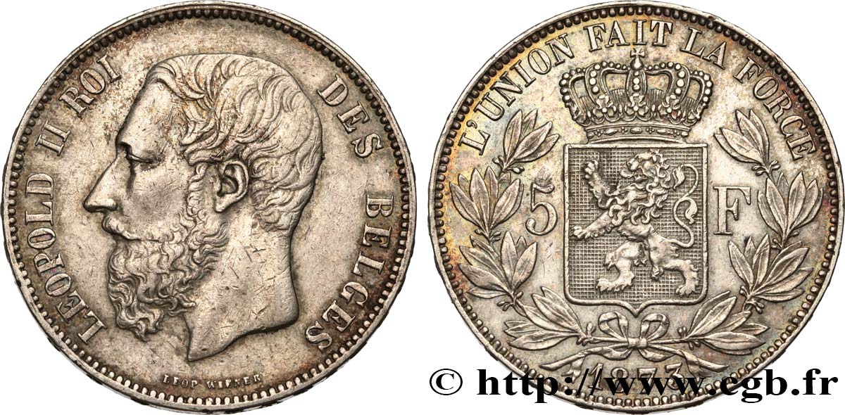 BELGIQUE 5 Francs Léopold II 1873  TTB+ 