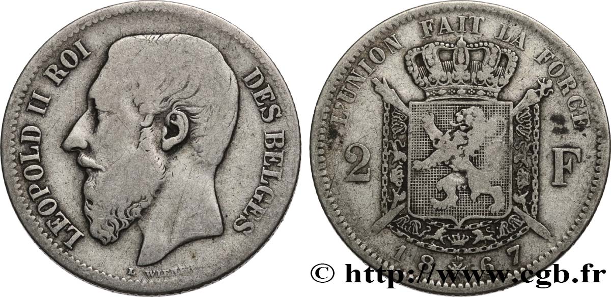 BELGIQUE 2 Francs Léopold II légende française 1867  TB 