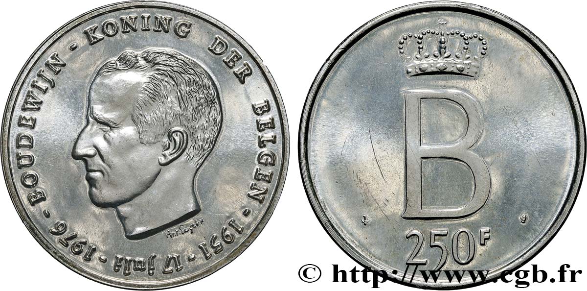 BELGIQUE 250 Francs jubilé d’argent du roi Baudouin légende flamande 1976 Bruxelles SUP 
