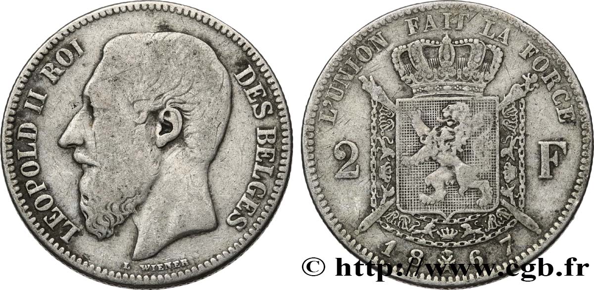 BELGIQUE 2 Francs Léopold II légende française 1867  TB 