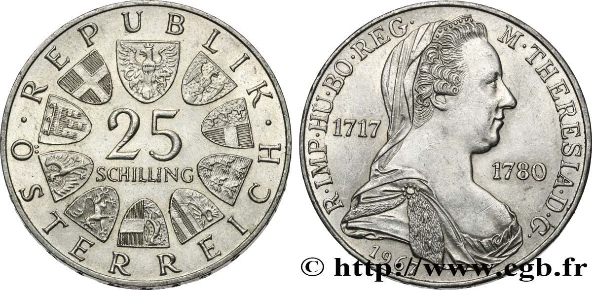 Austria 25 Schilling 250e Anniversaire De L Imperatrice Marie Therese 1967 Fwo World Coins