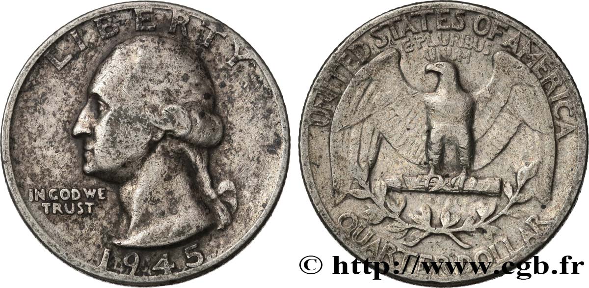 ÉTATS-UNIS D AMÉRIQUE 1/4 Dollar Georges Washington 1945 Philadelphie TB 